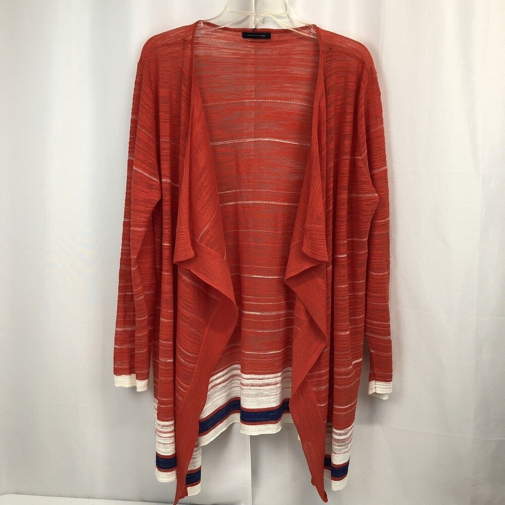 Tommy Hilfiger Womens Large Open Front Striped Waterfall Long Sleeve Cardigan